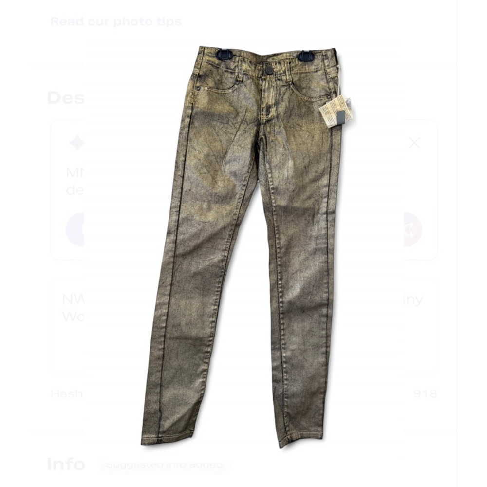 NWT GOLD Metallic Denim MNG by Mango Shiny Women's Straight Cut JEANS Pants Sz 4